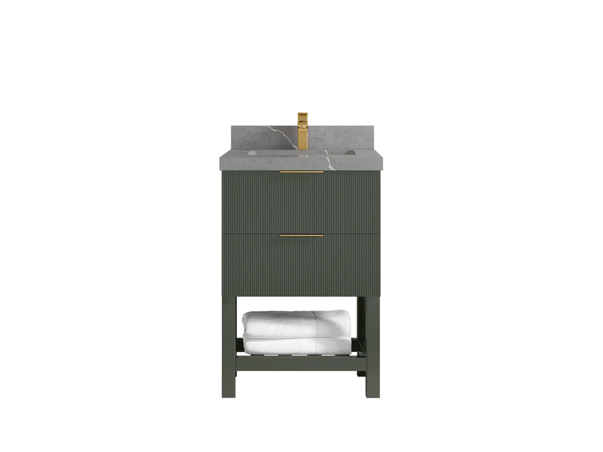 Catalina 24-inch bathroom vanity in deep green with a dark gray countertop and white diagonal vein, front view