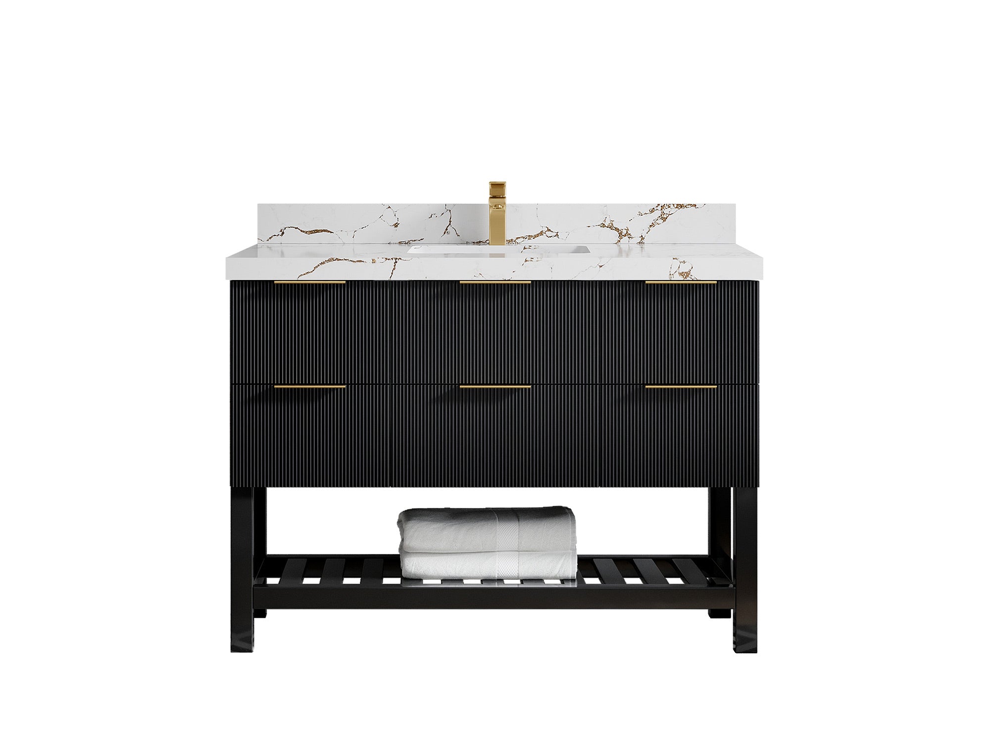 Catalina 48 in. W x 22 in. D Single Sink Bathroom Vanity in Black with 2 in Calacatta Black Quartz Countertop