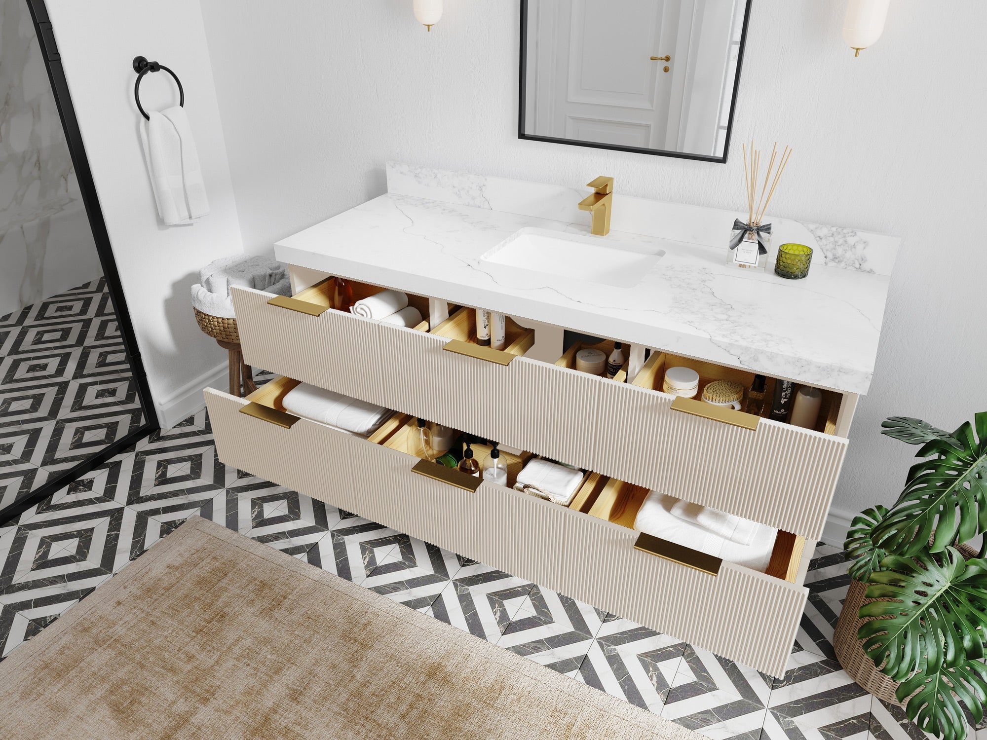 Catalina 60 in W x 22 in D Free Standing Reeded Single Sink Bathroom Vanity - Willow Bath and Vanity