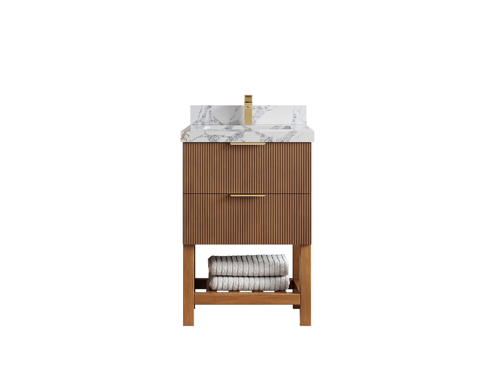 Catalina Teak 24-inch bathroom vanity with mottled white and gray countertop, front view