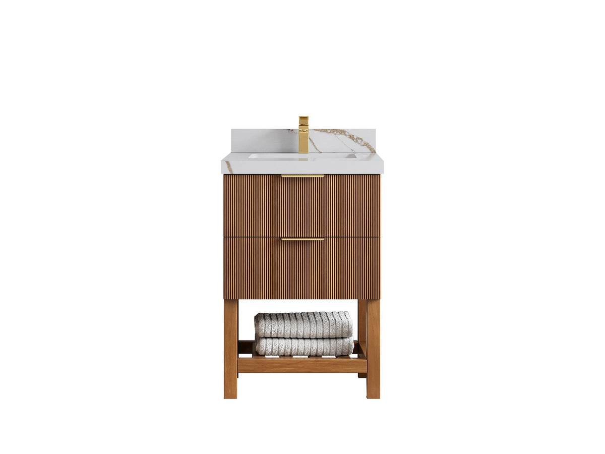 Catalina Teak 24-inch bathroom vanity with white countertop and gold-brown veining, front view