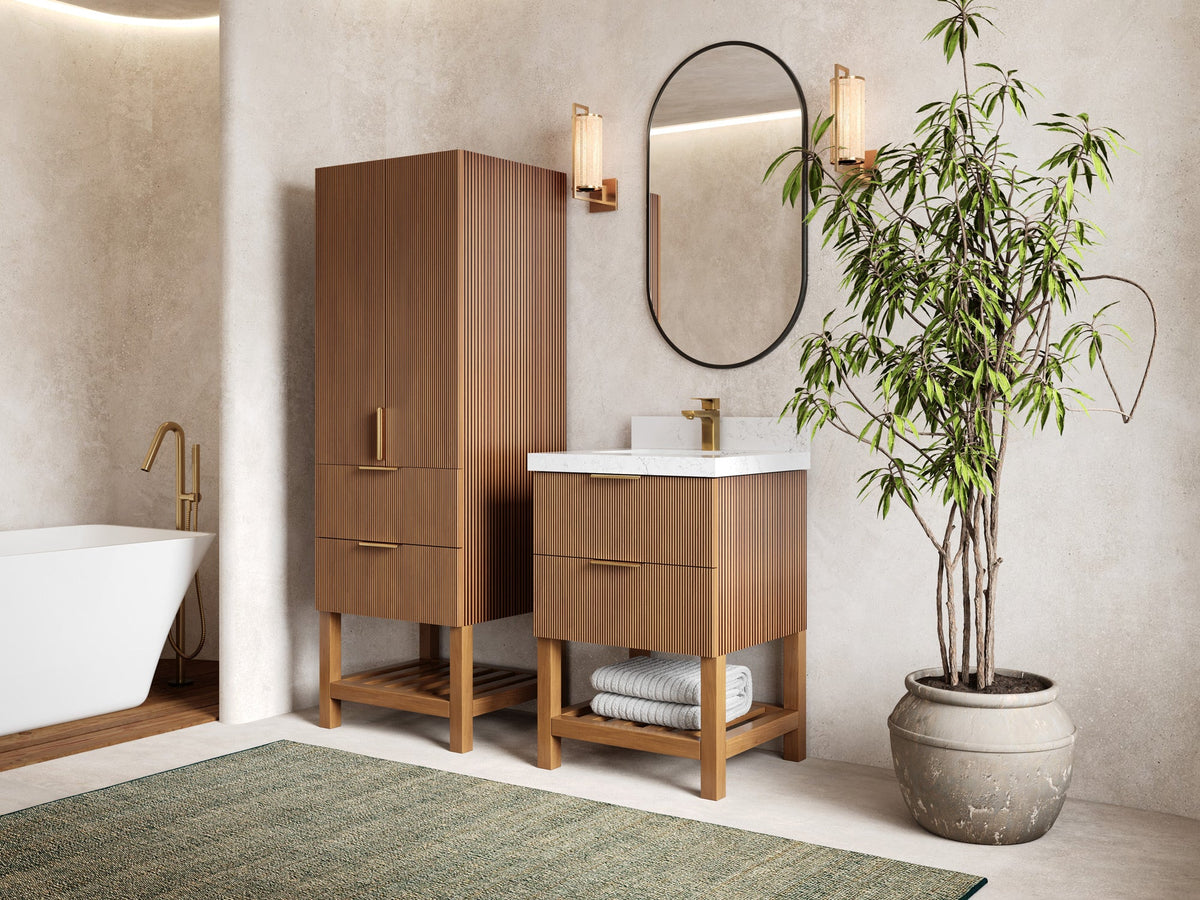 Catalina Teak 24-inch bathroom vanity with matching linen cabinet, angled bathroom view