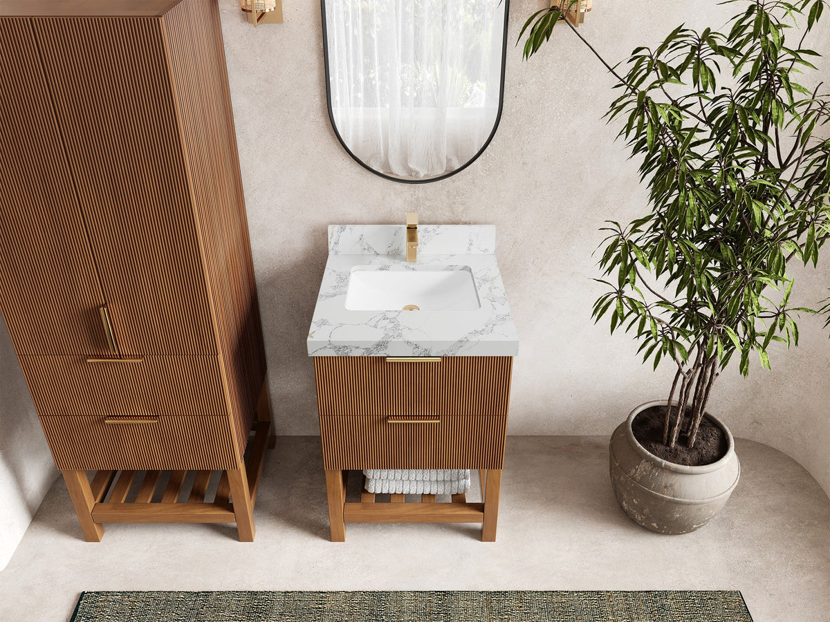 Catalina Teak 24-inch bathroom vanity in Dark Natural Teak with Calacatta Poanazzo Quartz countertop