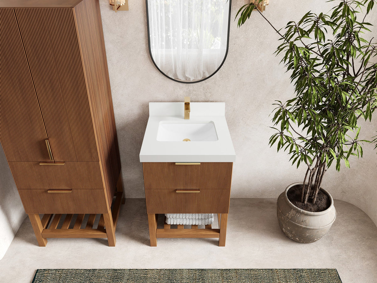 Catalina Teak 24-inch bathroom vanity in Dark Natural Teak with White Quartz countertop
