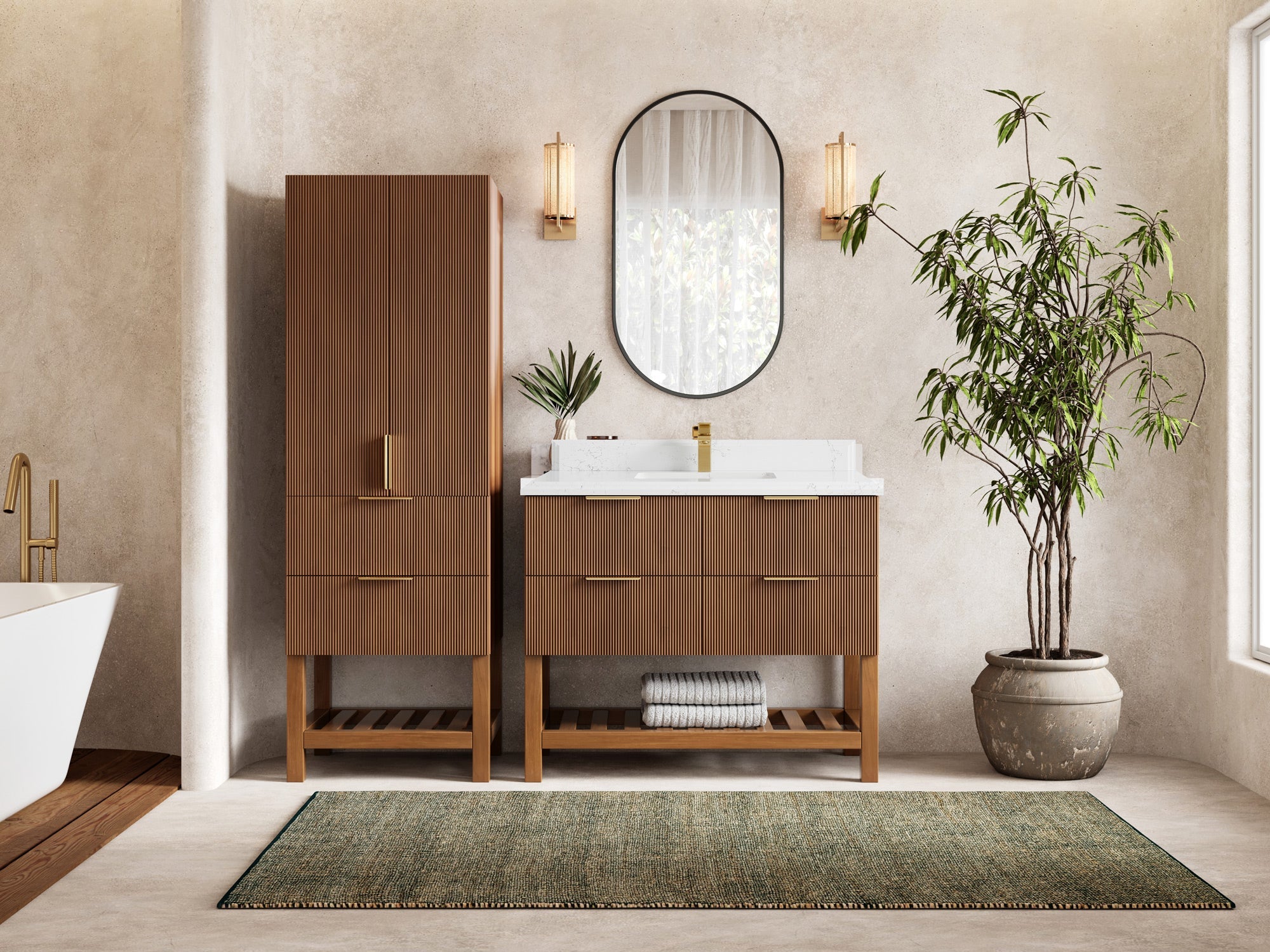 Catalina Teak 42 in W x 22 in D Free Standing Reeded Single Sink Bathroom Vanity - Willow Bath and Vanity