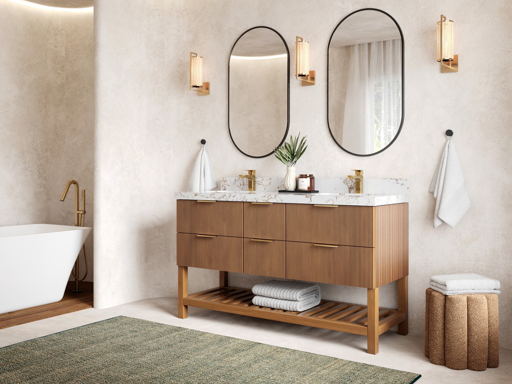 Catalina Teak 60 in W x 22 in D Free Standing Reeded Double Sink Bathroom Vanity - Willow Bath and Vanity