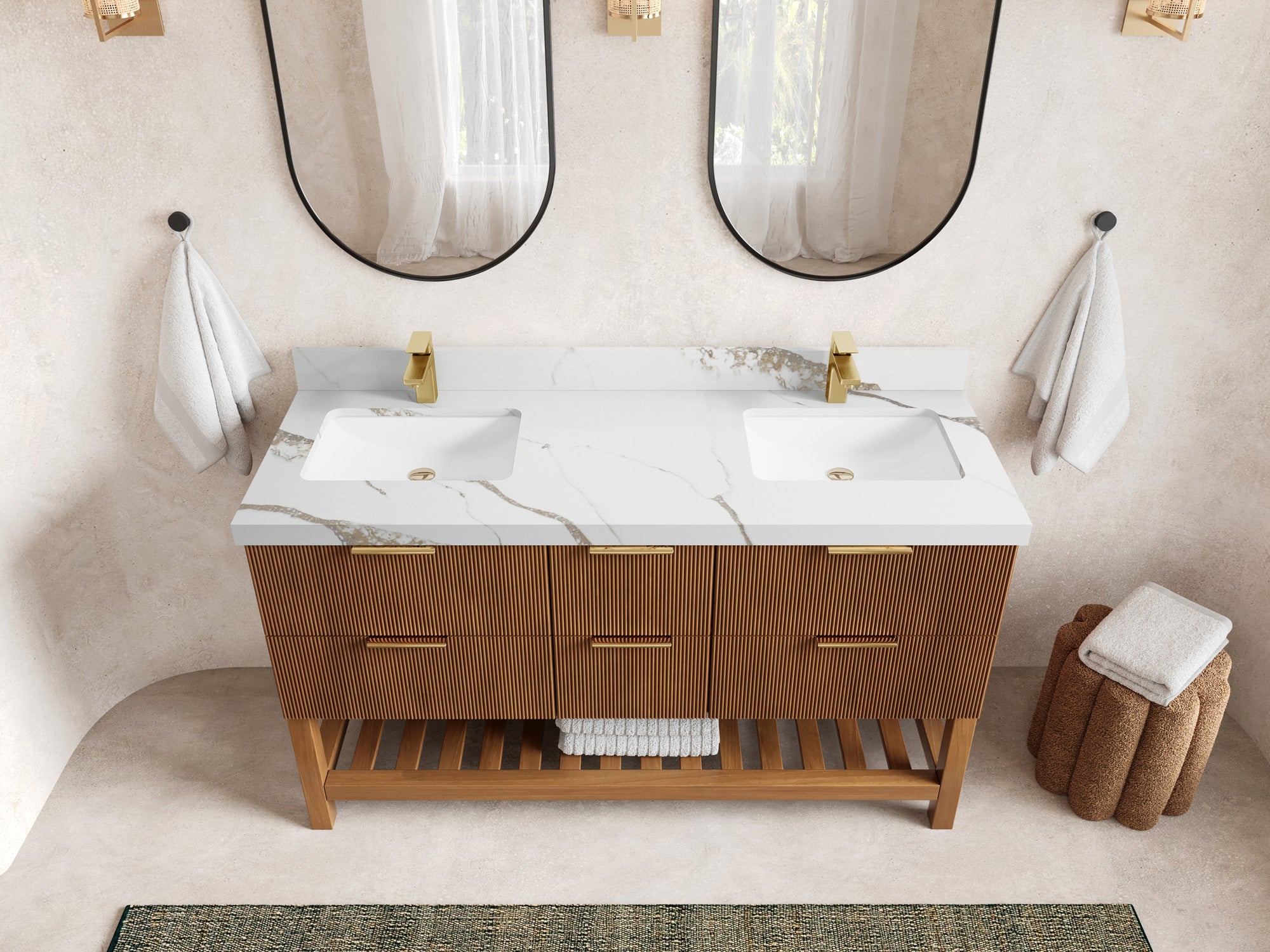 Catalina Teak 60 in W x 22 in D Free Standing Reeded Double Sink Bathroom Vanity - Willow Bath and Vanity