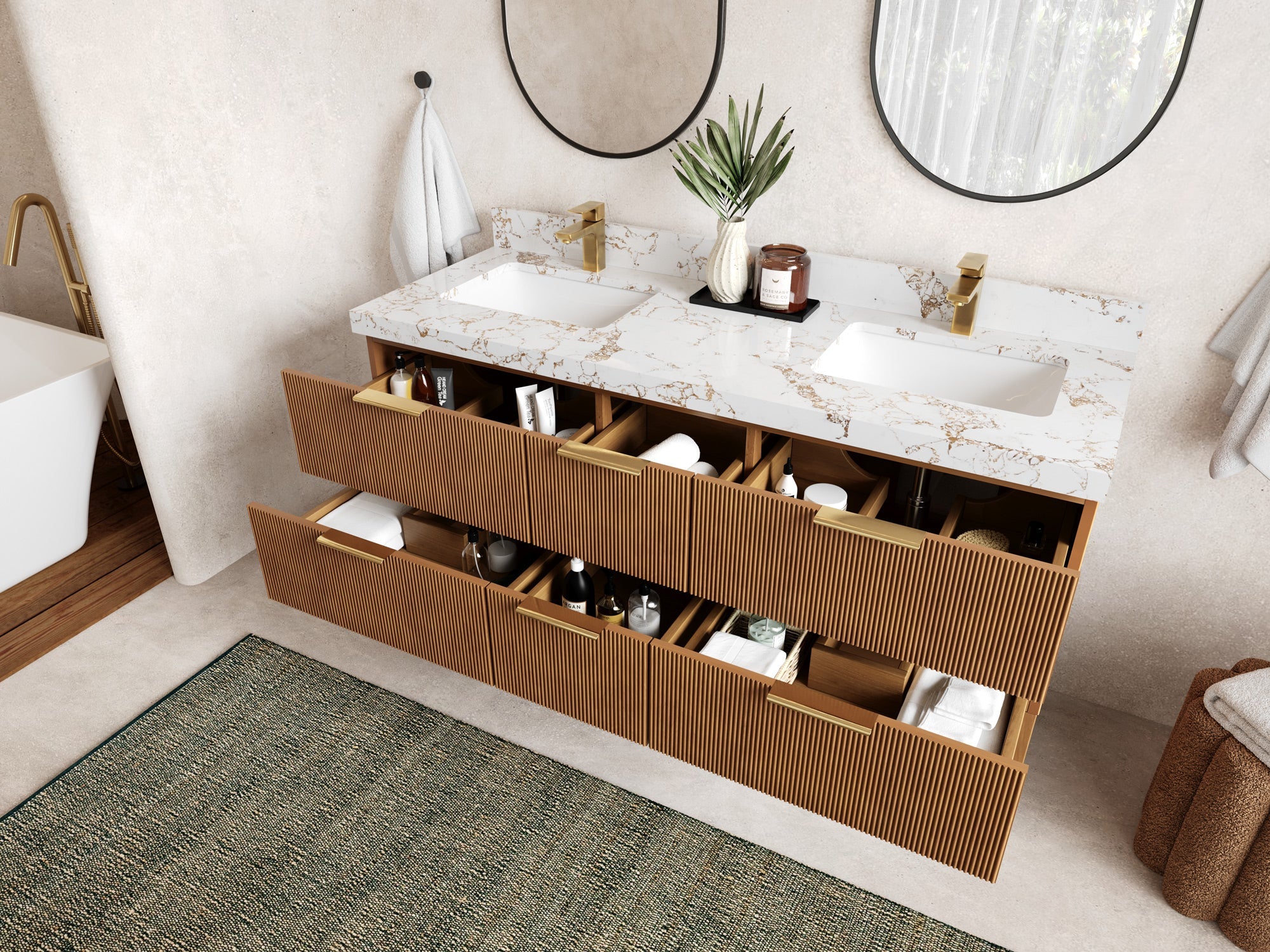 Catalina Teak 60 in W x 22 in D Free Standing Reeded Double Sink Bathroom Vanity - Willow Bath and Vanity