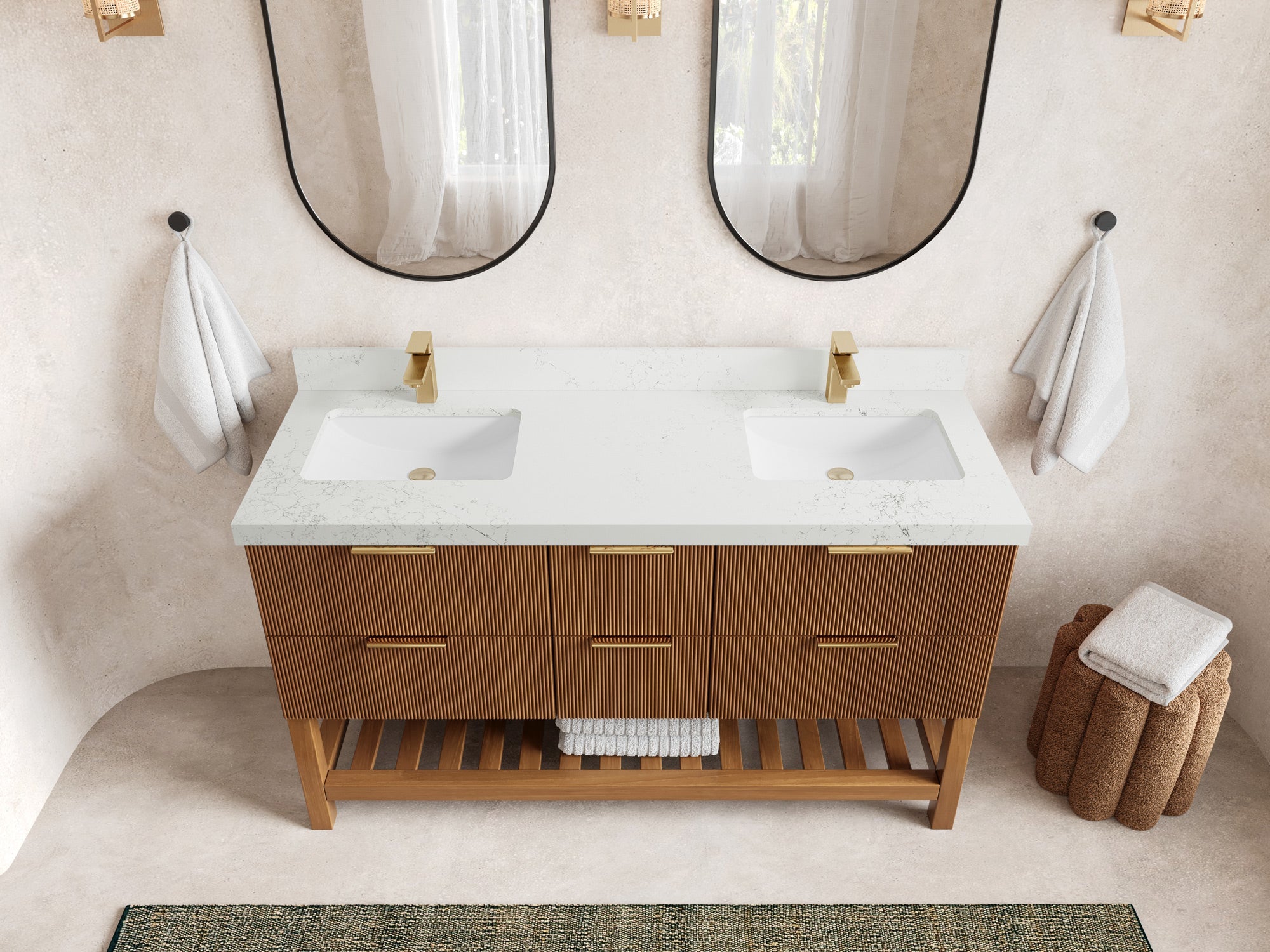 Catalina Teak 60 in W x 22 in D Free Standing Reeded Double Sink Bathroom Vanity - Willow Bath and Vanity