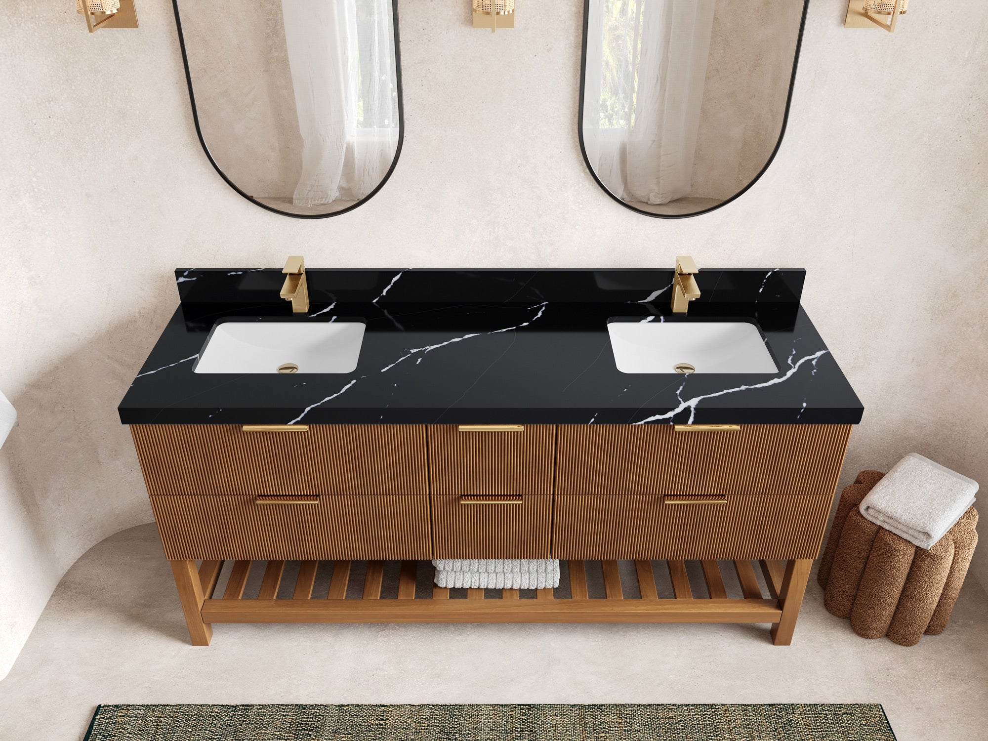 Catalina Teak 72 in W x 22 in D Free Standing Reeded Double Sink Bathroom Vanity - Willow Bath and Vanity