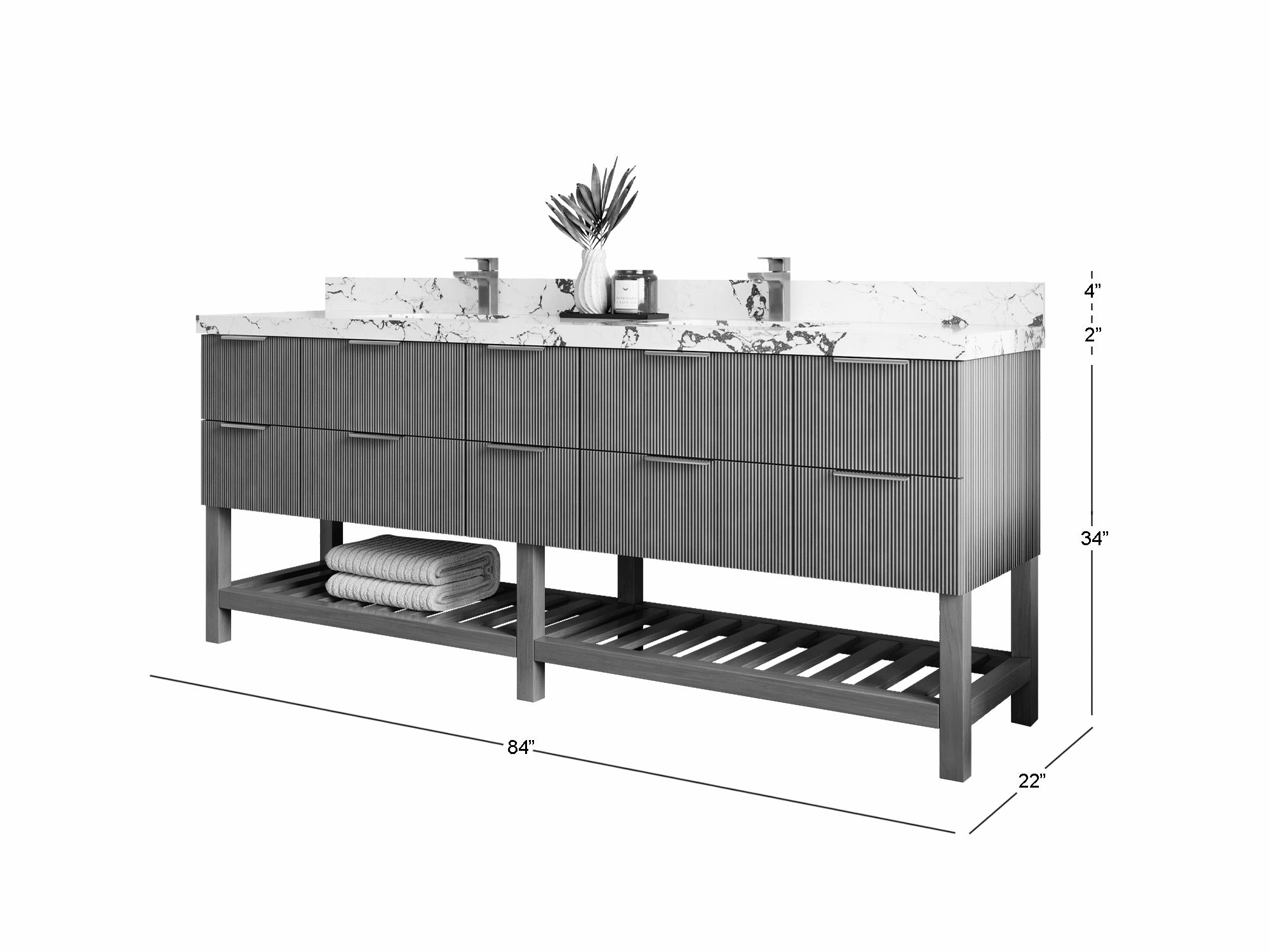 Catalina Teak 84 in W x 22 in D Free Standing Reeded Double Sink Bathroom Vanity - Willow Bath and Vanity