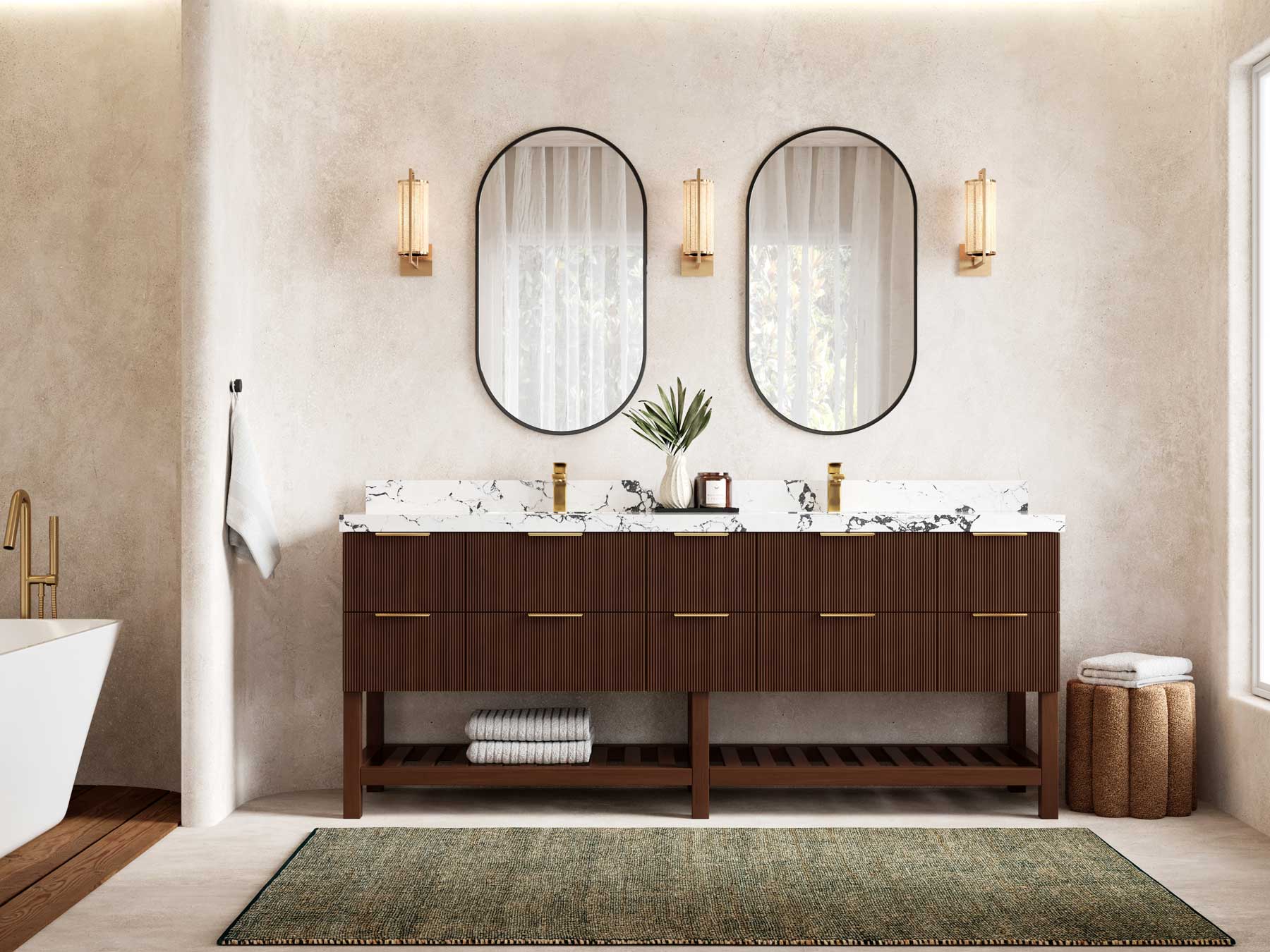 Catalina Teak 84 in W x 22 in D Free Standing Reeded Double Sink Bathroom Vanity - Willow Bath and Vanity