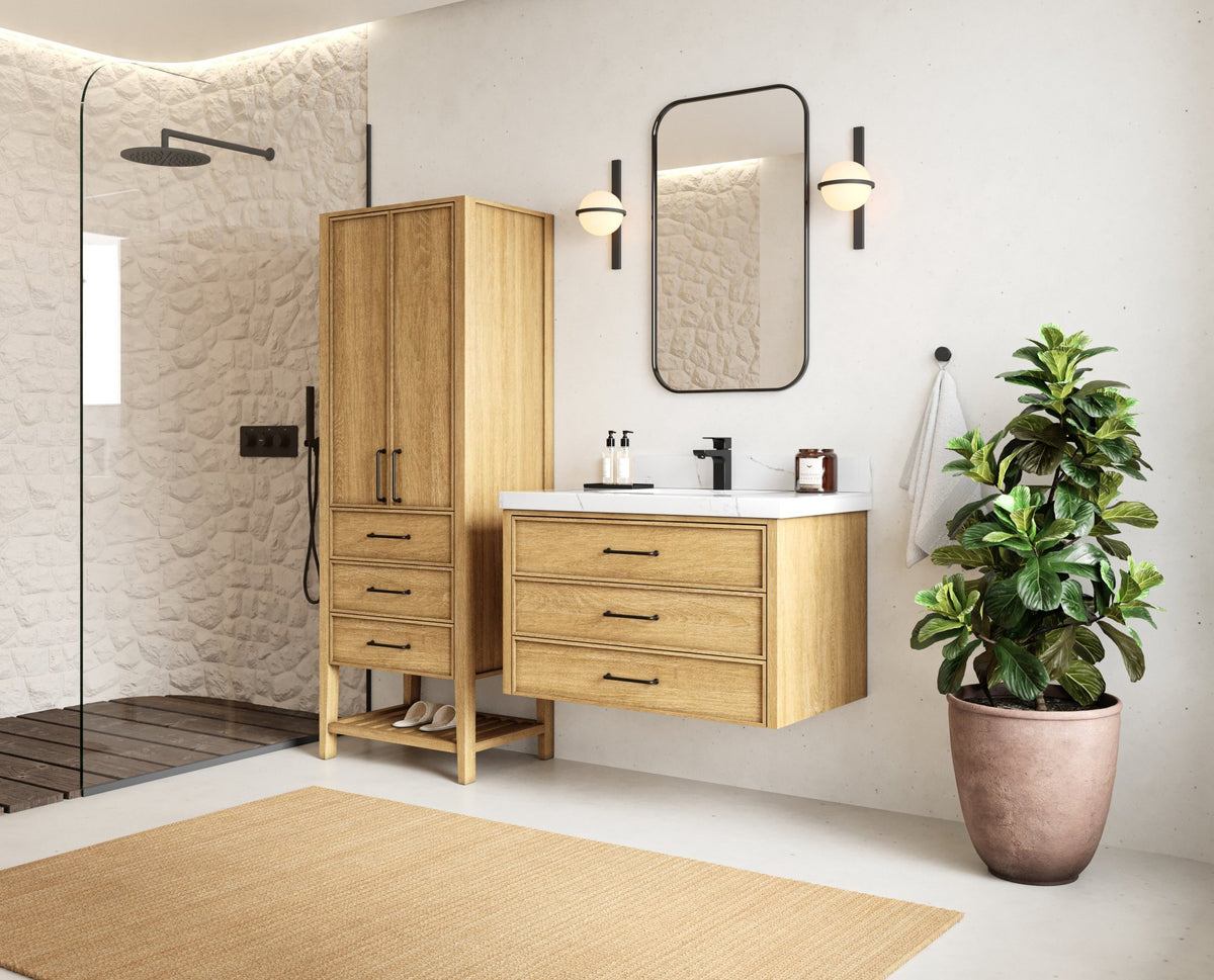 Charlotte 36 in. W x 22 in. D Floating Single Sink Bathroom Vanity in Natural Mindi Wood - Willow Bath and Vanity