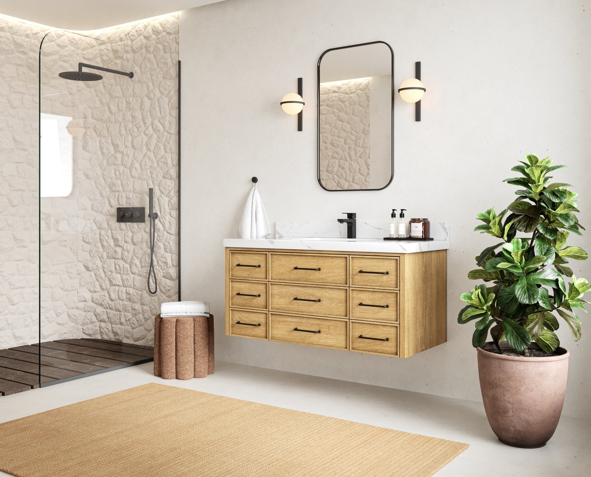 Charlotte 48 in. W x 22 in. D Floating Single Sink Bathroom Vanity in Natural Mindi Wood - Willow Bath and Vanity