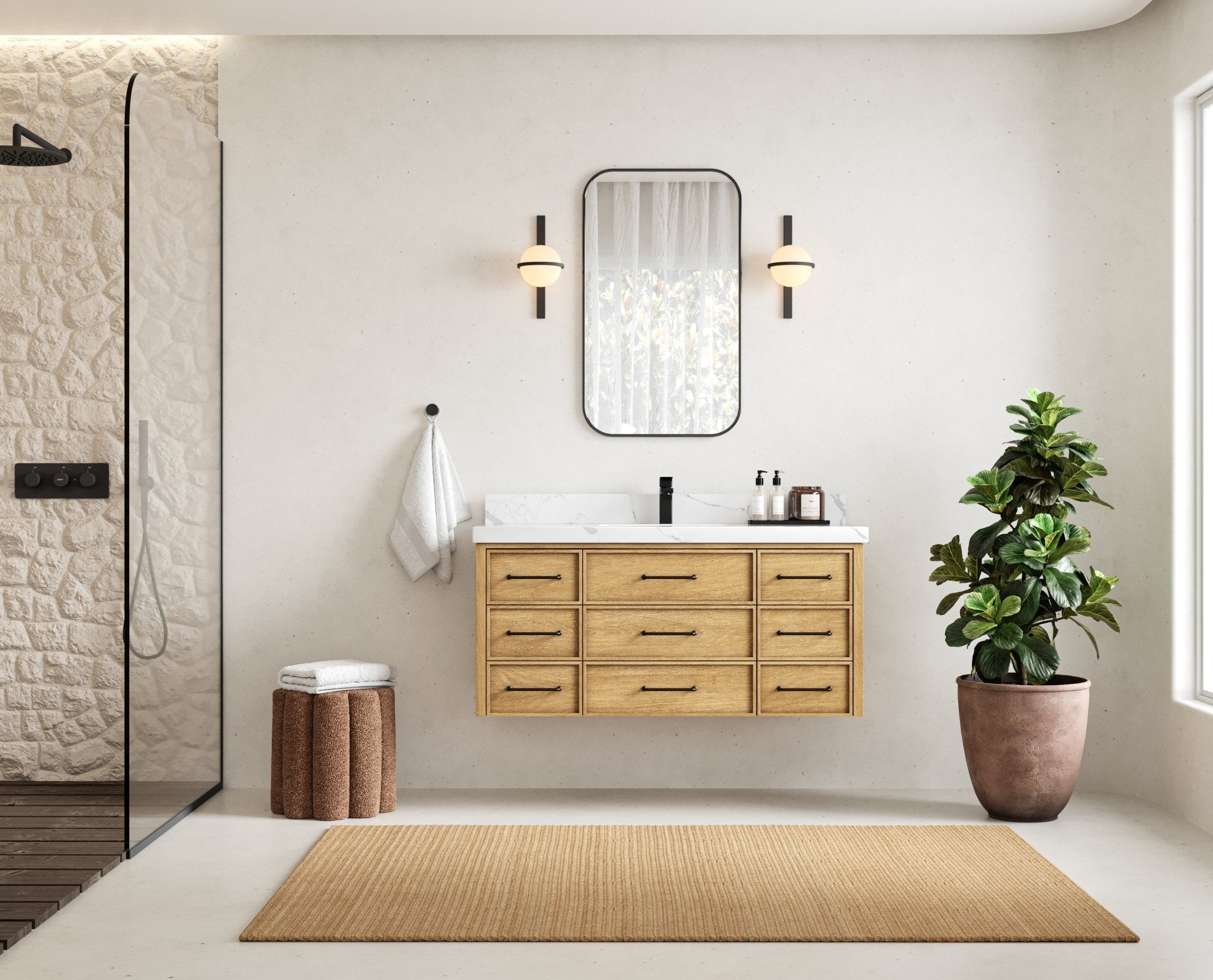 Charlotte 48 in. W x 22 in. D Floating Single Sink Bathroom Vanity in Natural Mindi Wood - Willow Bath and Vanity