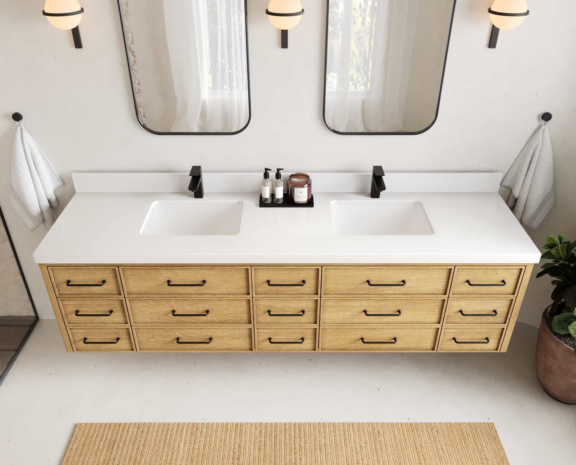 Charlotte 84 in. W x 22 in. D Floating Double Sink Bathroom Vanity in Natural Mindi Wood - Willow Bath and Vanity