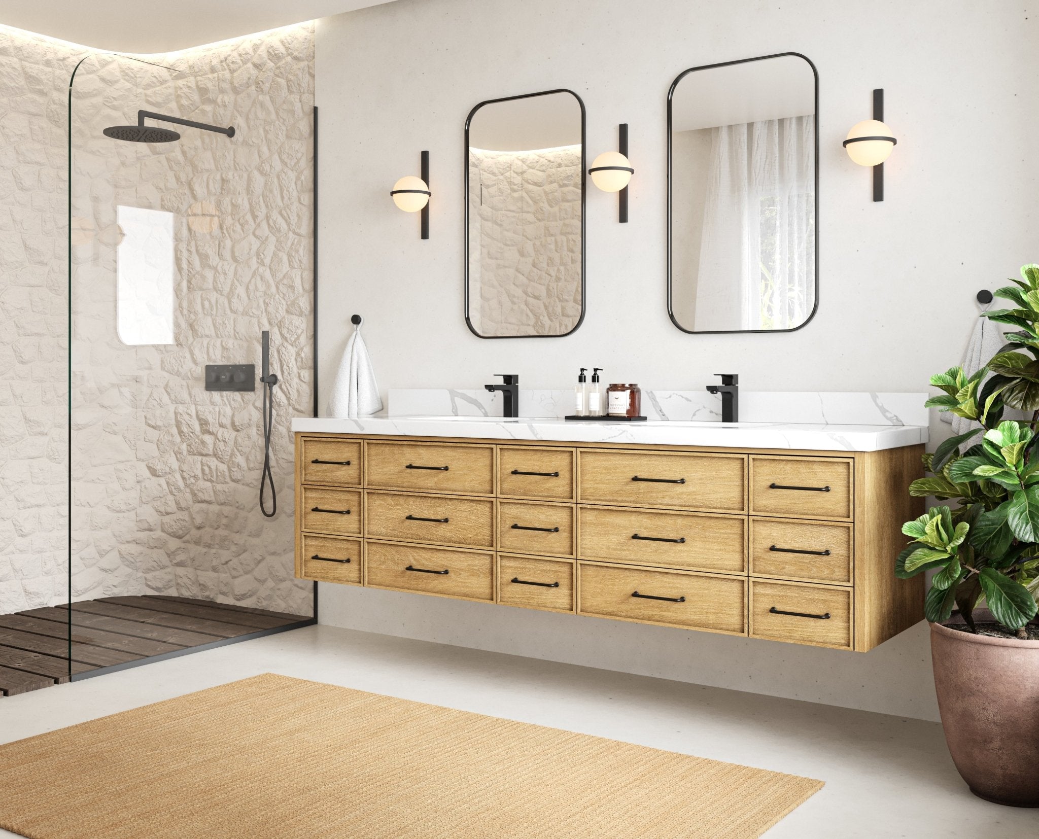 Charlotte 84 in. W x 22 in. D Floating Double Sink Bathroom Vanity in Natural Mindi Wood - Willow Bath and Vanity