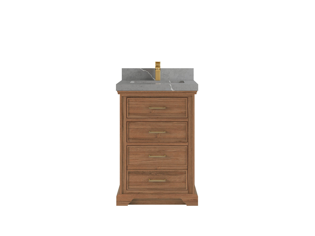 Charlotte Teak Wood 24-inch bathroom vanity in Dark Natural Teak with Piatra Gray Quartz countertop