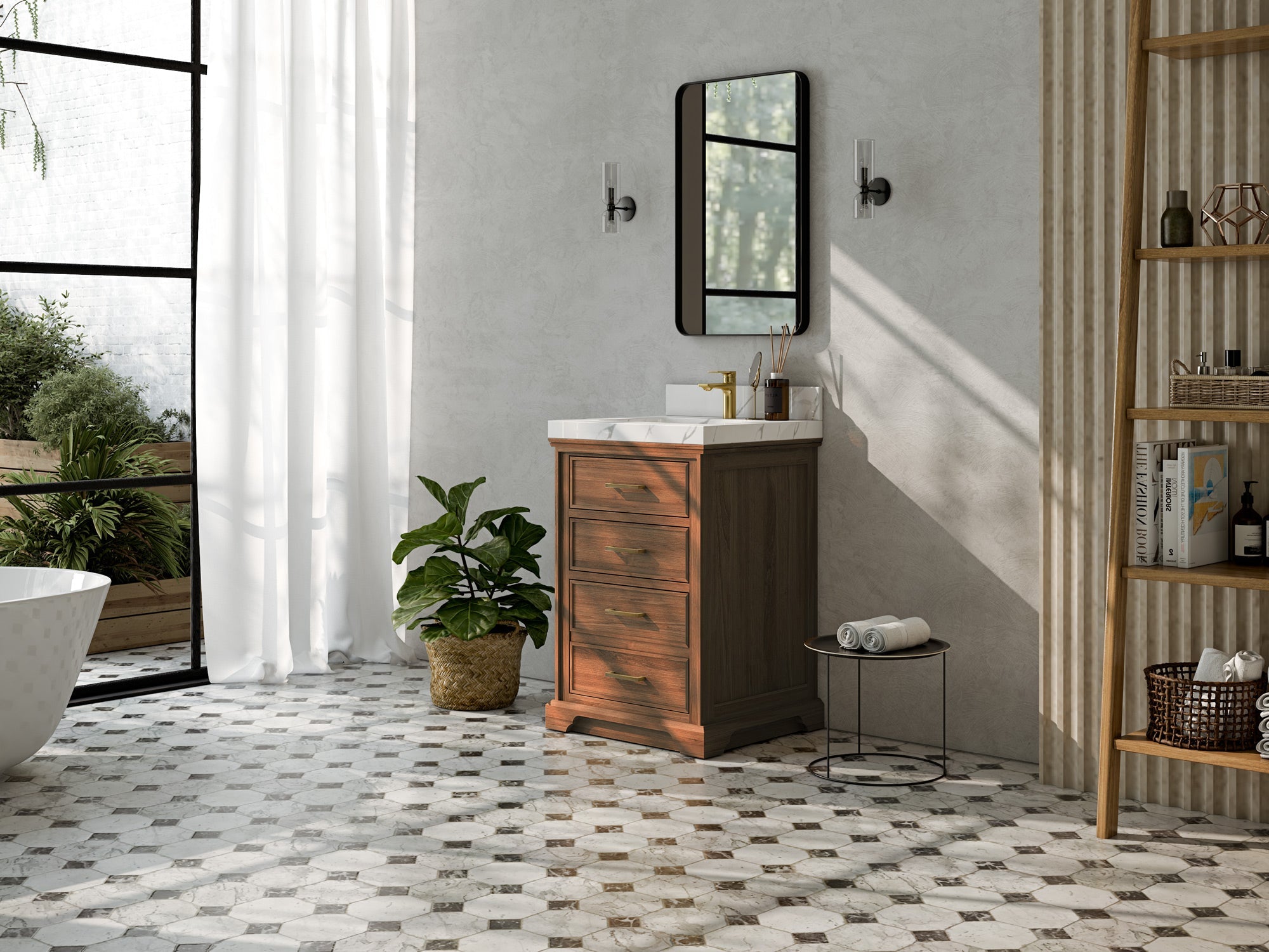 Charlotte Teak Wood 24-inch bathroom vanity, angled bathroom view