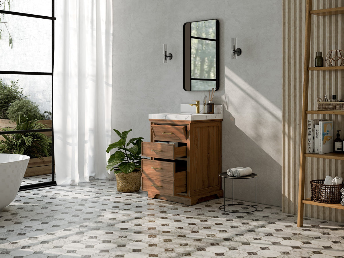Charlotte Teak Wood 24-inch bathroom vanity with four drawers open to show storage