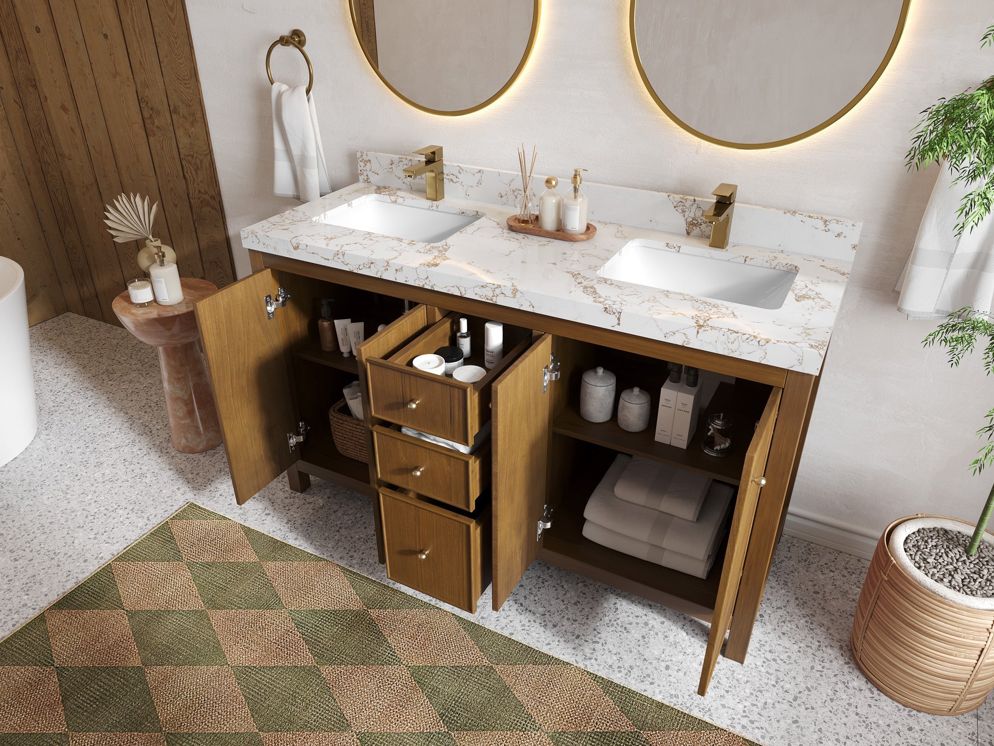 Chicago Teak 60 in. W x 22 in. D Double Sink Bathroom Vanity - Willow Bath and Vanity