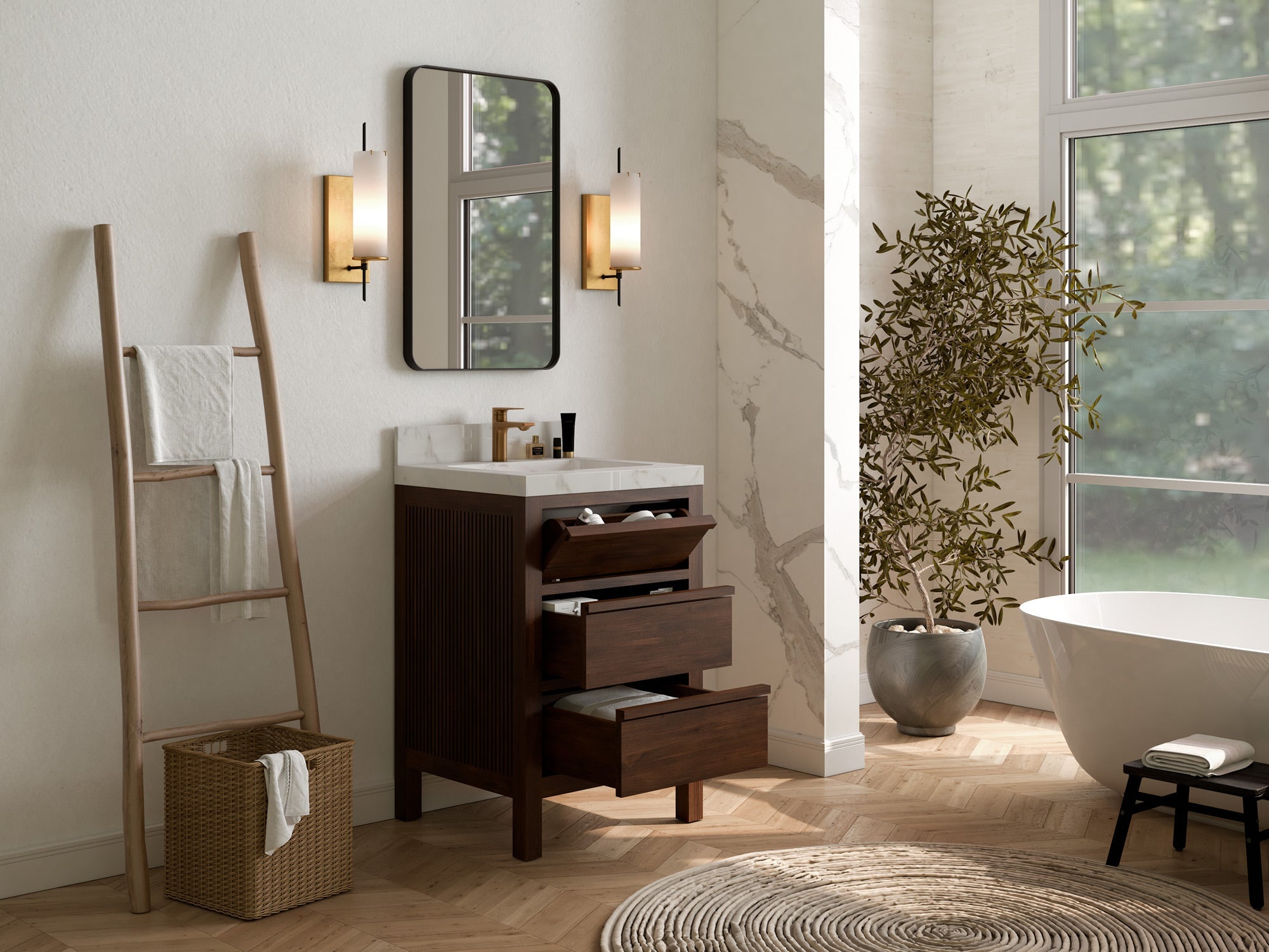 Elizabeth Teak Wood 24-inch bathroom vanity with three drawers open to show storage