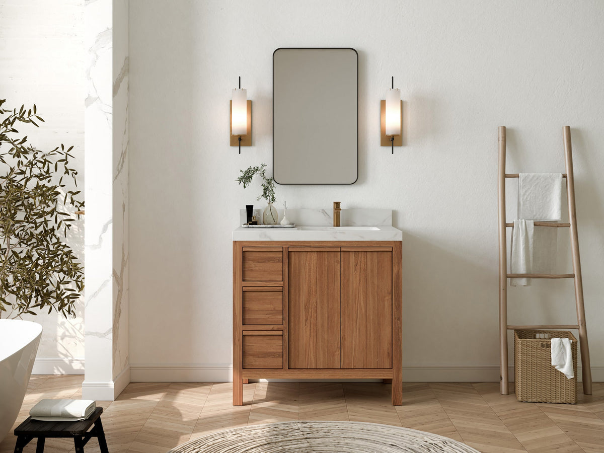 Elizabeth Teak Wood 36 in. W x 22 in. D Right Offset Sink Bathroom Vanity - Willow Bath and Vanity
