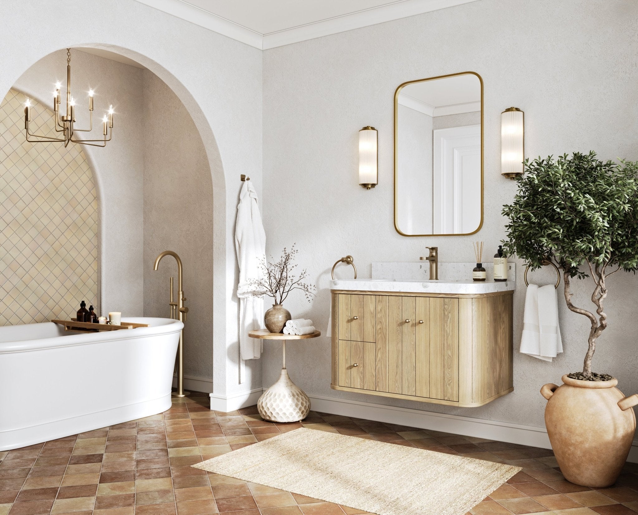 Houston White Oak 36 in. W x 22 in. D Floating Center Sink Bathroom Vanity with Curved Edge Design - Willow Bath and Vanity