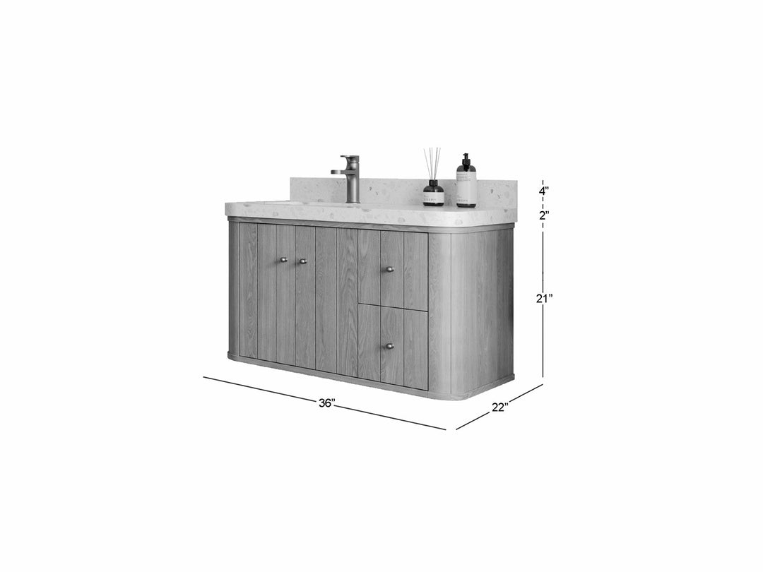 Houston White Oak 36 in. W x 22 in. D Floating Left Offset Sink Bathroom Vanity with Curved Edge Design - Willow Bath and Vanity