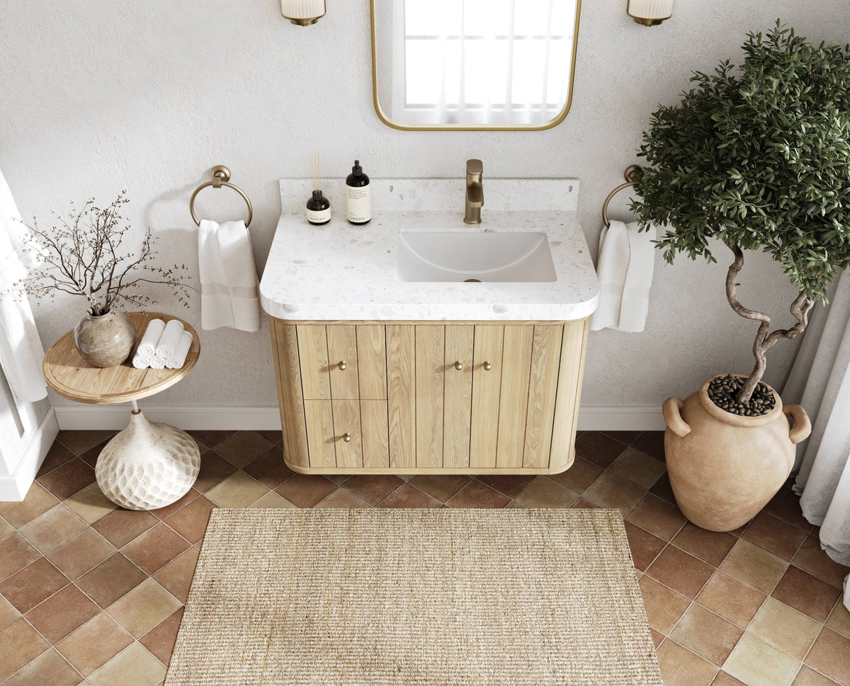 Houston White Oak 36 in. W x 22 in. D Floating Right Offset Sink Bathroom Vanity with Curved Edge Design - Willow Bath and Vanity
