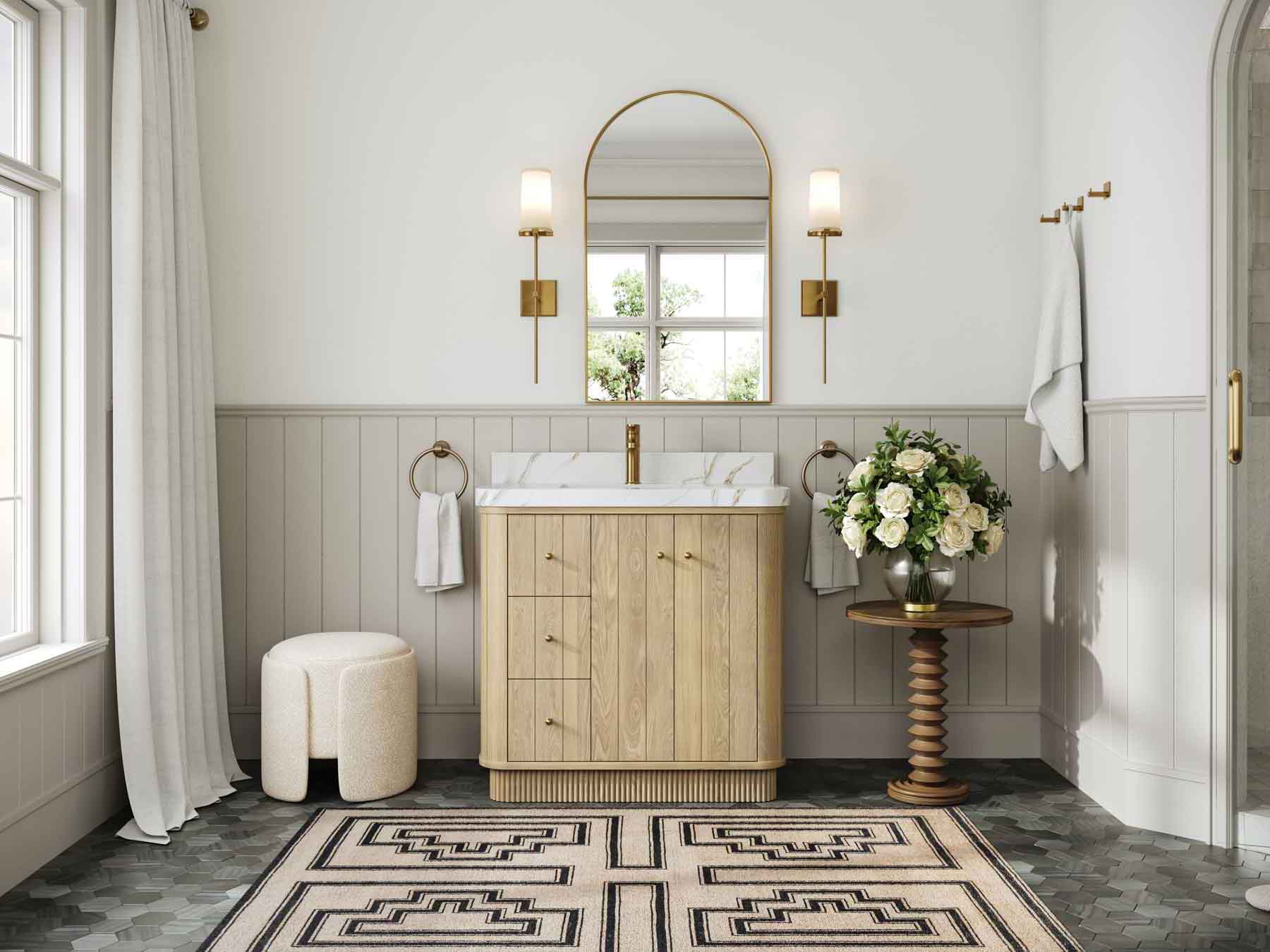 Houston White Oak 36 in. W x 22 in. D Free Standing Curved Edge Center Sink Bathroom Vanity - Willow Bath and Vanity