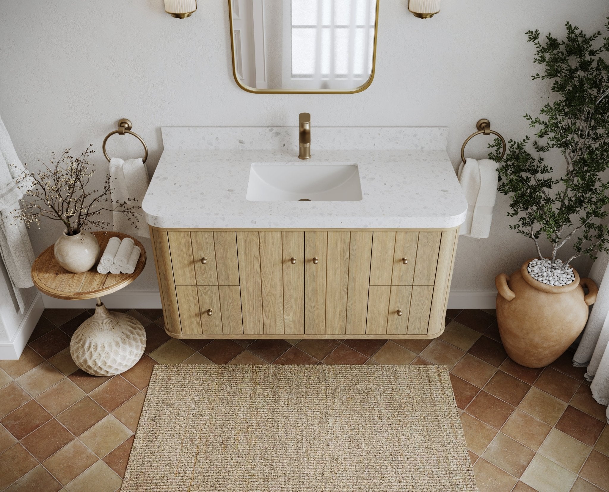 Houston White Oak 48 in. W x 22 in. D Floating Single Sink Bathroom Vanity with Curved Edge Design - Willow Bath and Vanity