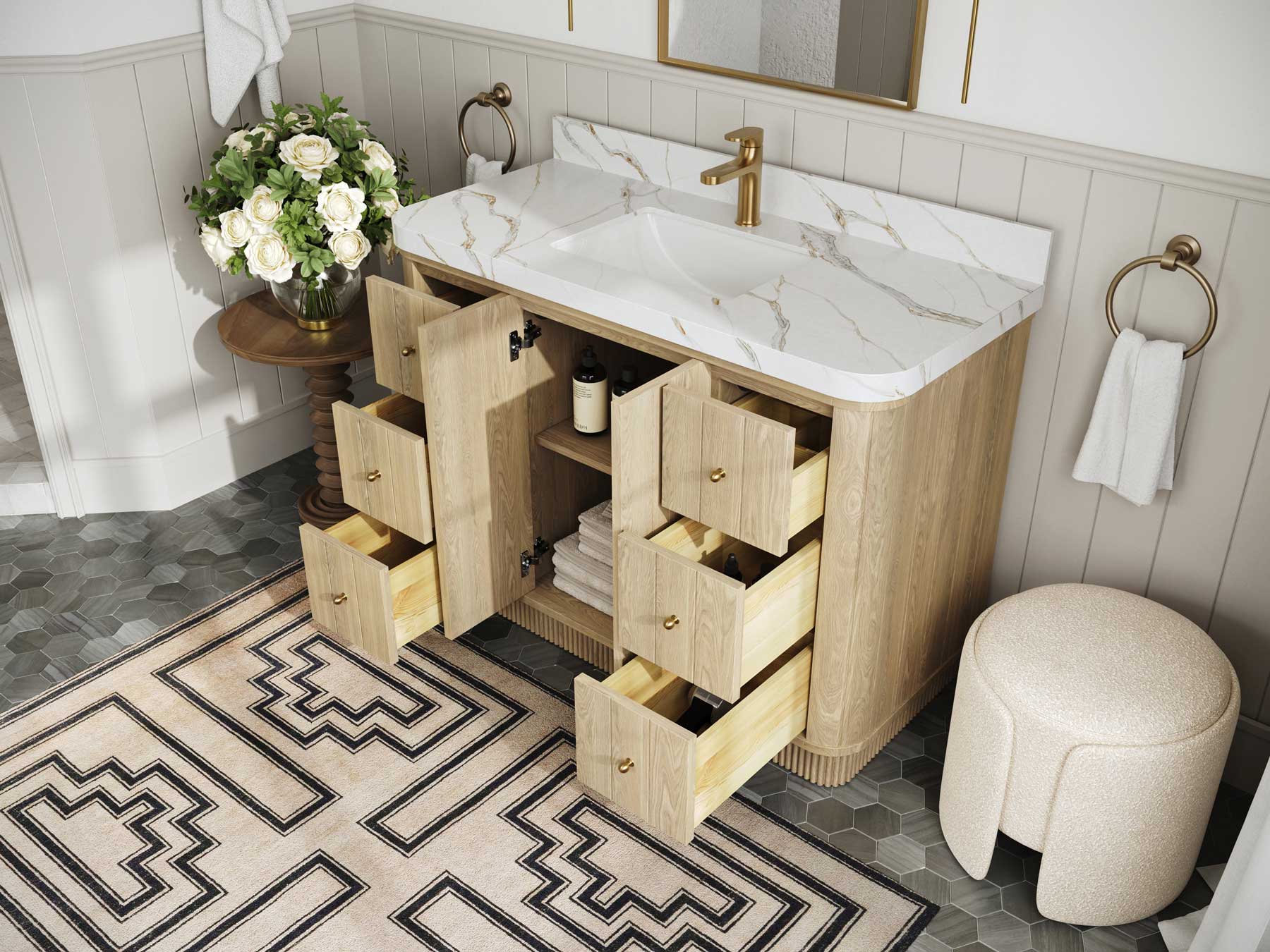 Houston White Oak 48 in. W x 22 in. D Free Standing Curved Edge Single Sink Bathroom Vanity - Willow Bath and Vanity
