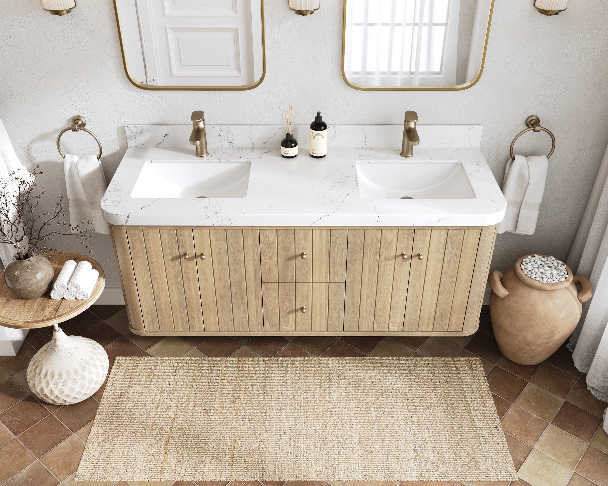 Houston White Oak 60 in. W x 22 in. D Floating Double Sink Bathroom Vanity with Curved Edge Design - Willow Bath and Vanity
