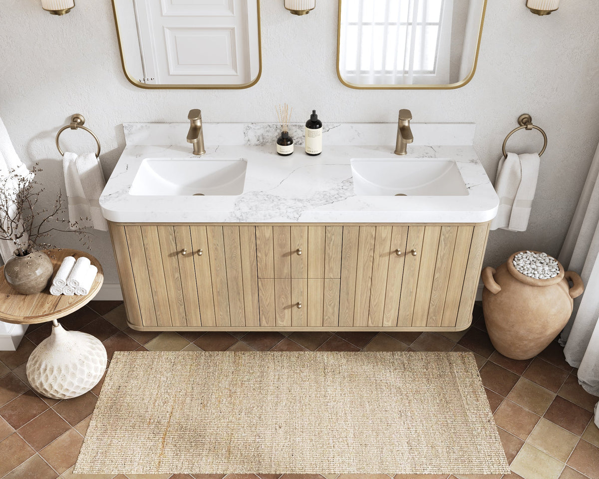 Houston White Oak 60 in. W x 22 in. D Floating Double Sink Bathroom Vanity with Curved Edge Design - Willow Bath and Vanity