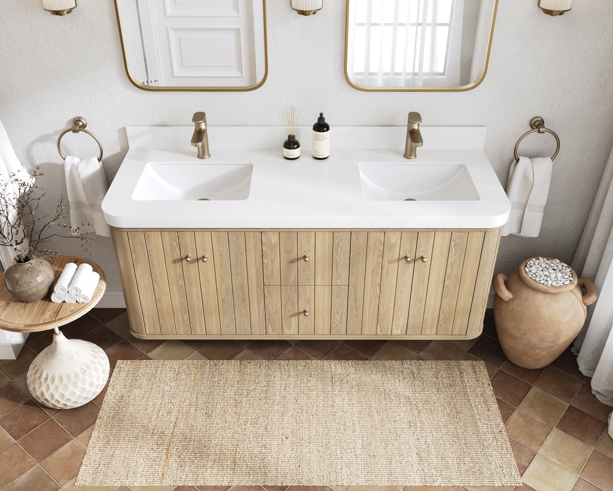 Houston White Oak 60 in. W x 22 in. D Floating Double Sink Bathroom Vanity with Curved Edge Design - Willow Bath and Vanity