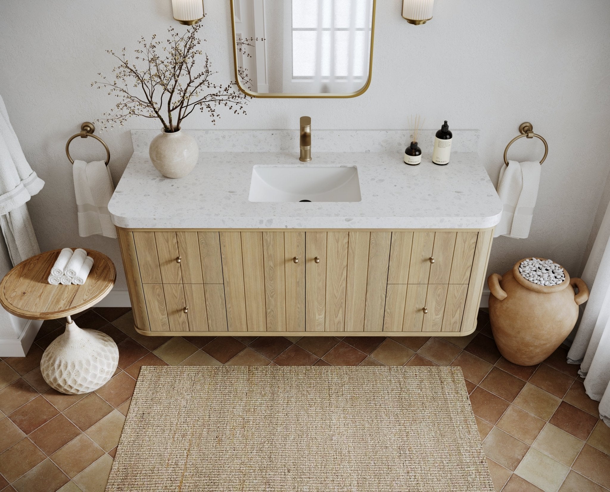Houston White Oak 60 in. W x 22 in. D Floating Single Sink Bathroom Vanity with Curved Edge Design - Willow Bath and Vanity