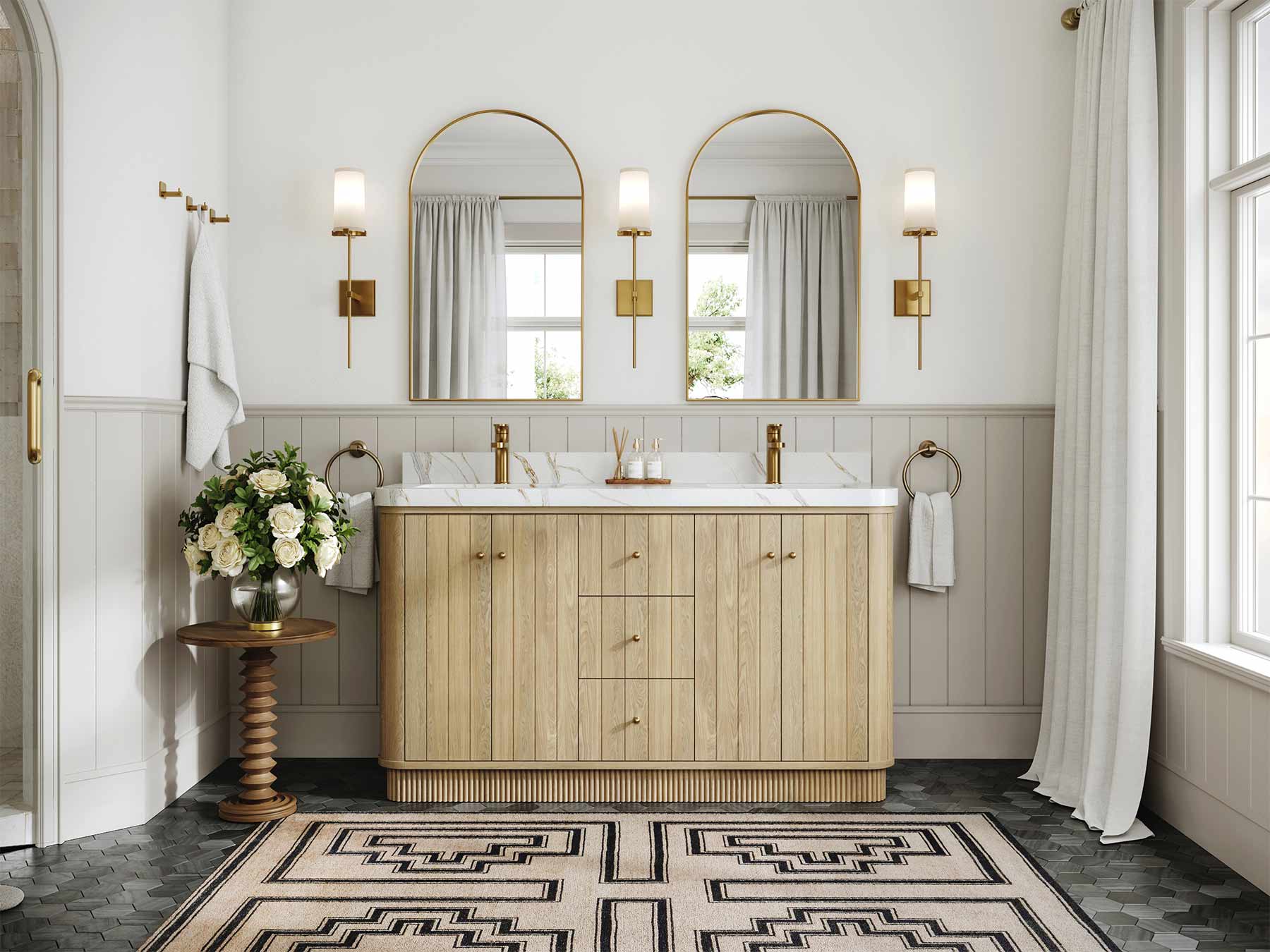 Houston White Oak 60 in. W x 22 in. D Free Standing Curved Edge Double Sink Bathroom Vanity - Willow Bath and Vanity