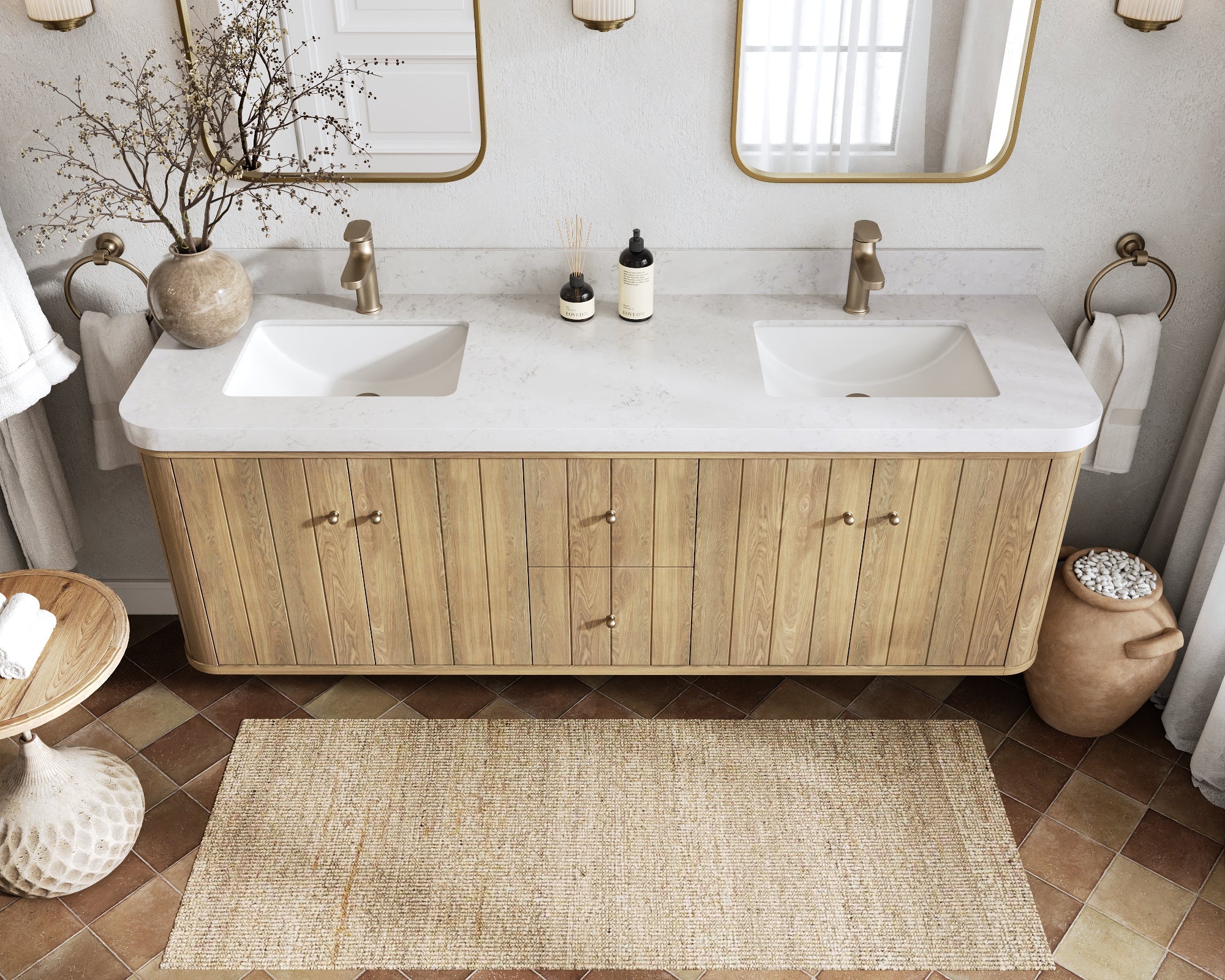 Houston White Oak 72 in. W x 22 in. D Floating Double Sink Bathroom Vanity with Curved Edge Design - Willow Bath and Vanity