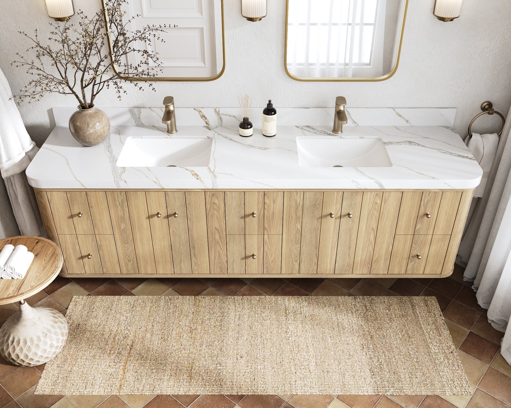 Houston White Oak 84 in. W x 22 in. D Floating Double Sink Bathroom Vanity with Curved Edge Design - Willow Bath and Vanity