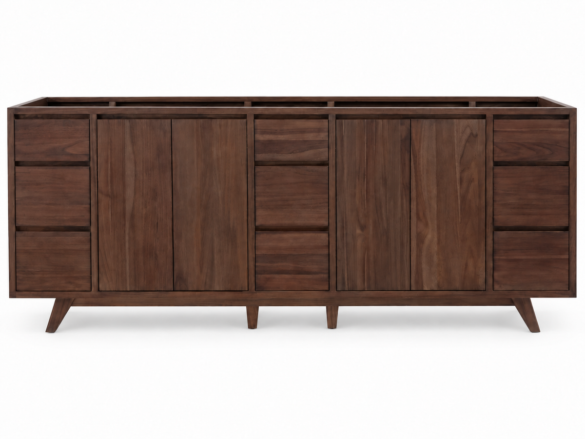 Madison 84-inch Walnut finish teak freestanding vanity cabinet only, front view on a white background