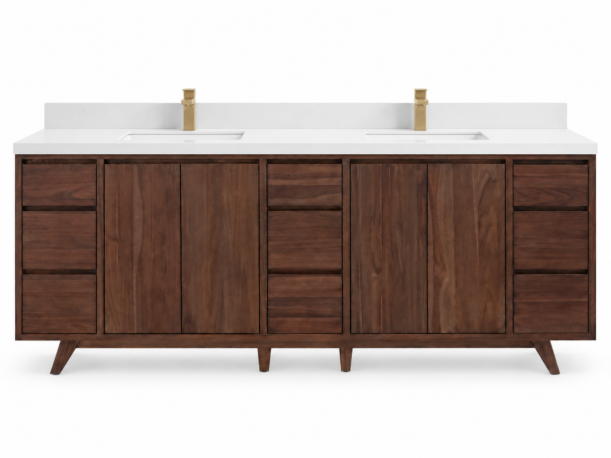 Madison 84 inch freestanding teak vanity in Dark Walnut Finish Teak with White Quartz countertop and double sinks — visualization; faucets not included