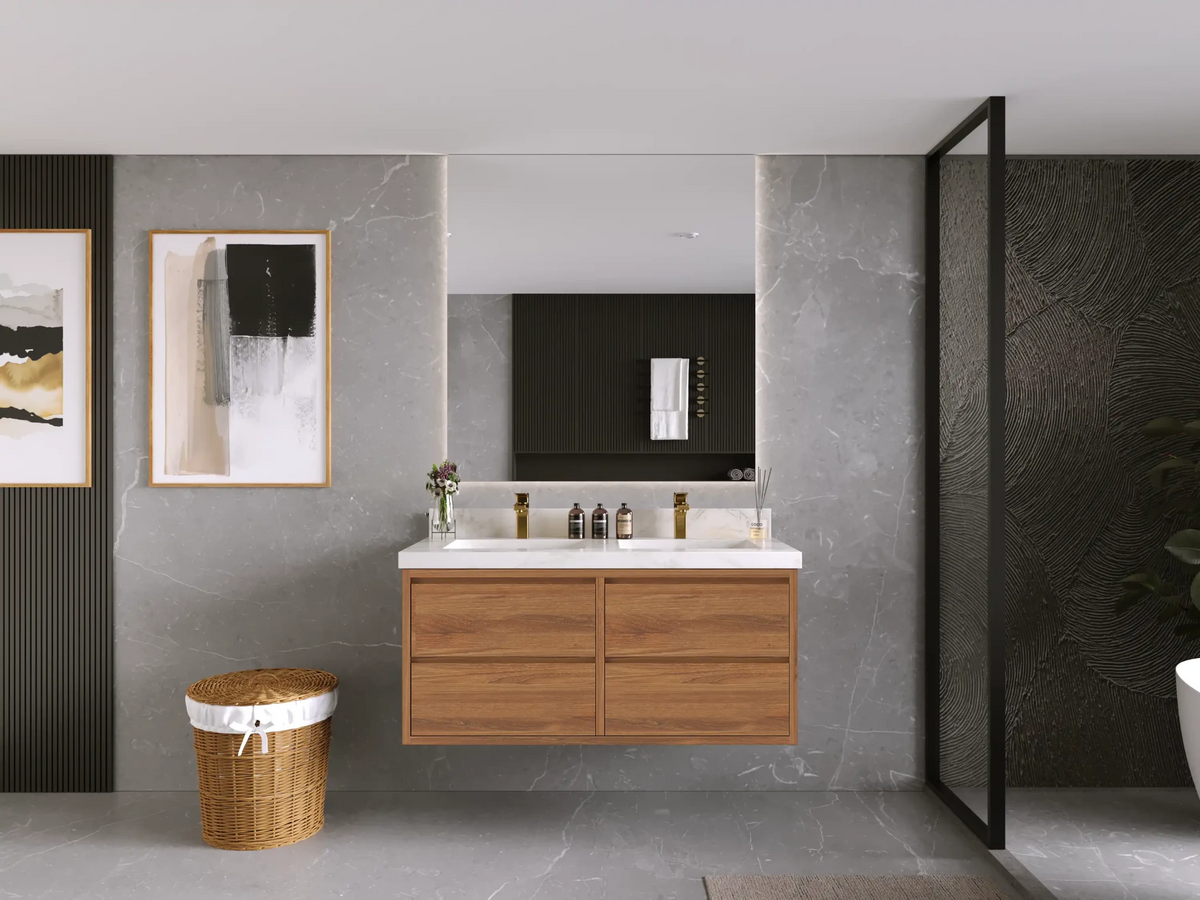 Madison Floating Teak 48 in. W x 22 in. D Double Sink Bathroom Vanity - Willow Bath and Vanity