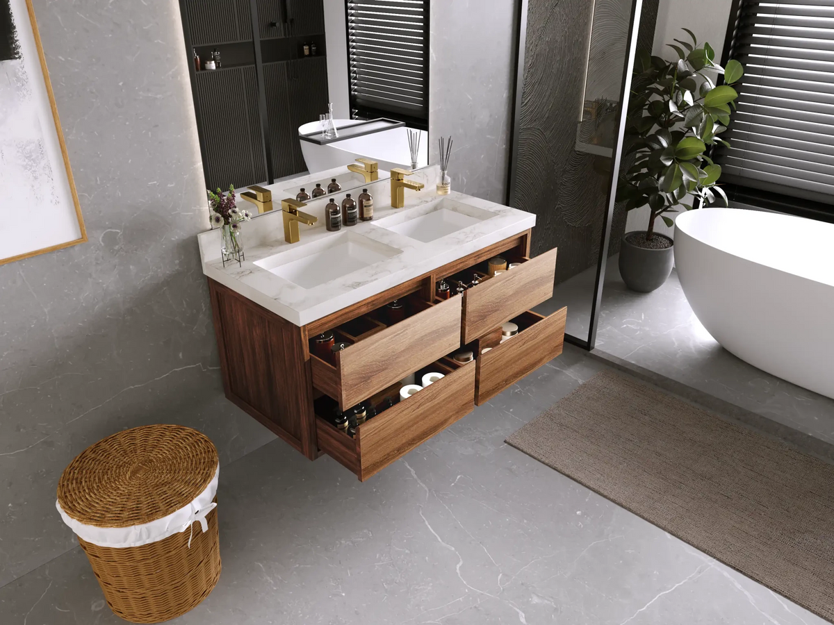 Madison Floating Teak 48 in. W x 22 in. D Double Sink Bathroom Vanity - Willow Bath and Vanity