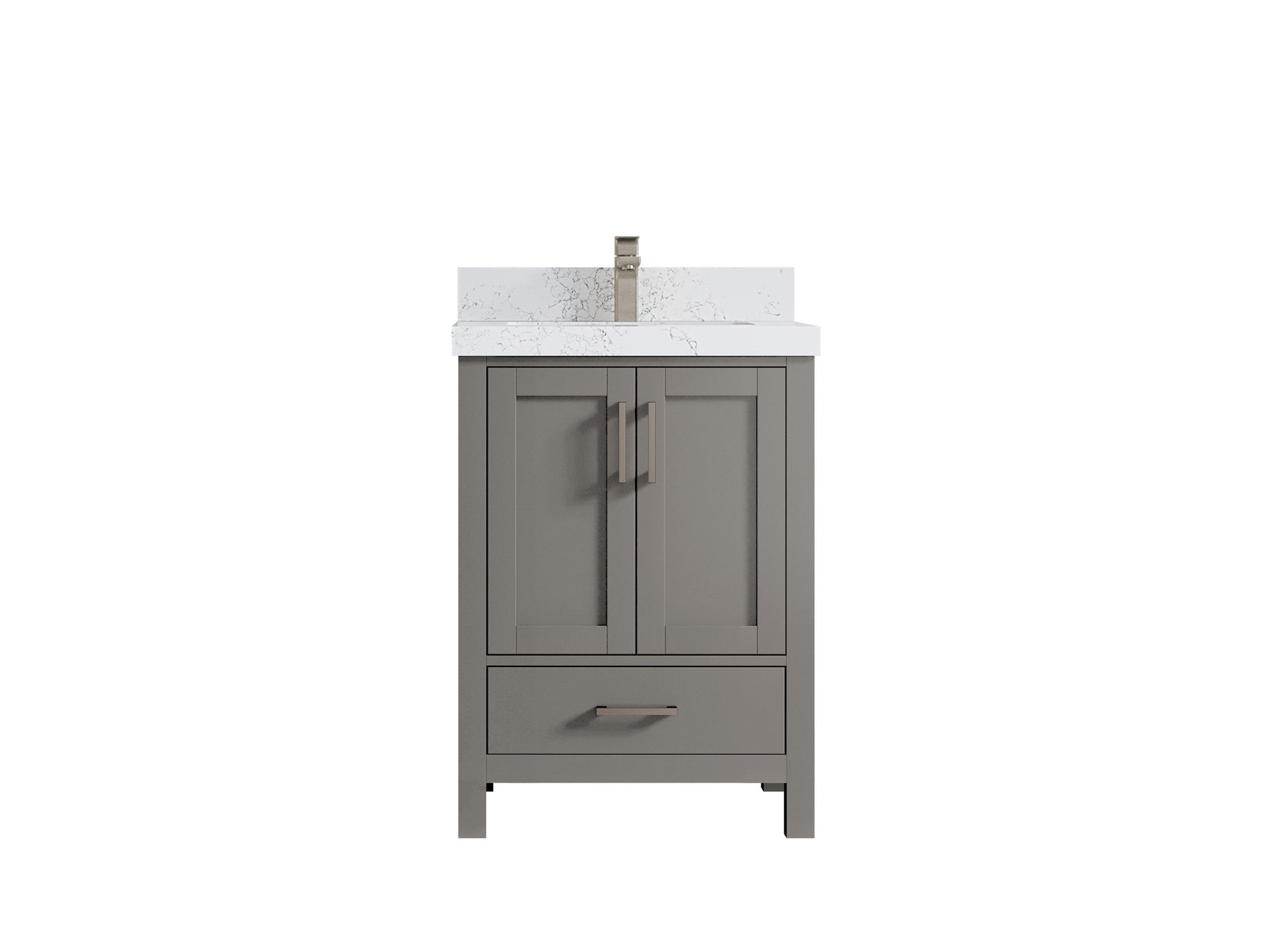 Malibu 24-inch bathroom vanity in gray with white veined countertop, front product view
