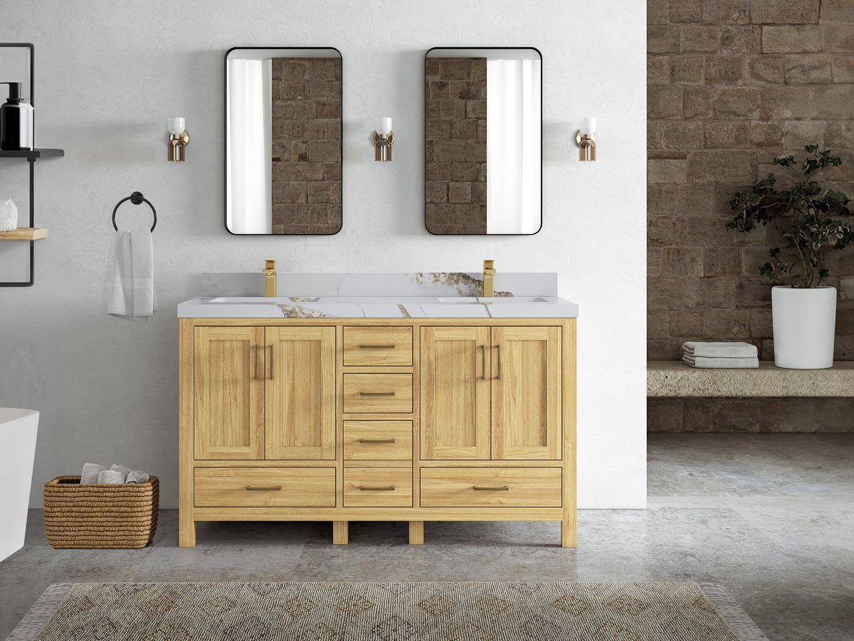 Malibu Teak Wood 60 in. W x 22 in. D Double Sink Bathroom Vanity - Willow Bath and Vanity