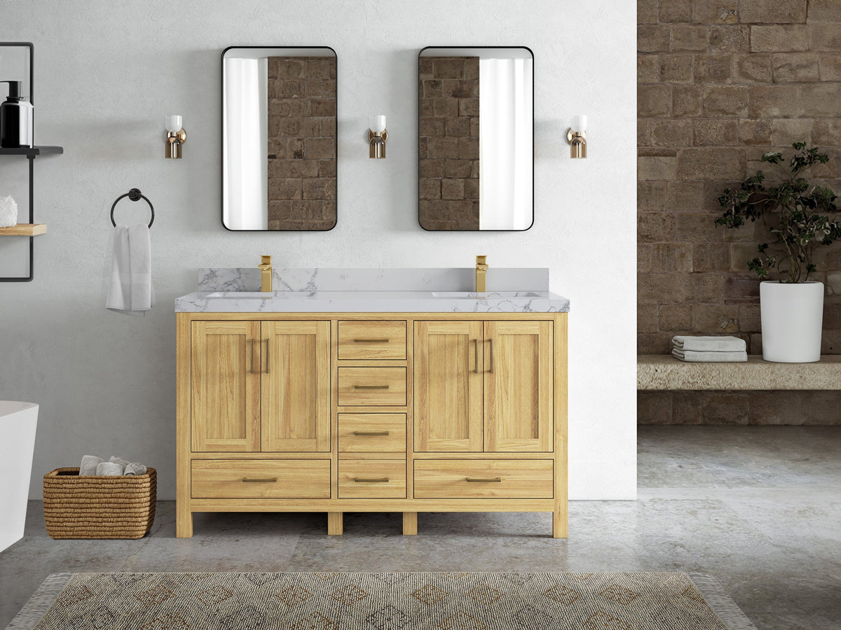 Malibu Teak Wood 60 in. W x 22 in. D Double Sink Bathroom Vanity - Willow Bath and Vanity