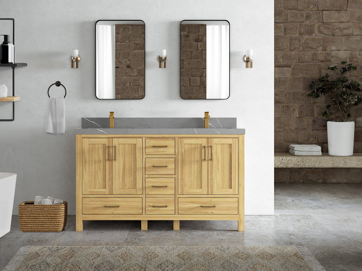 Malibu Teak Wood 60 in. W x 22 in. D Double Sink Bathroom Vanity - Willow Bath and Vanity
