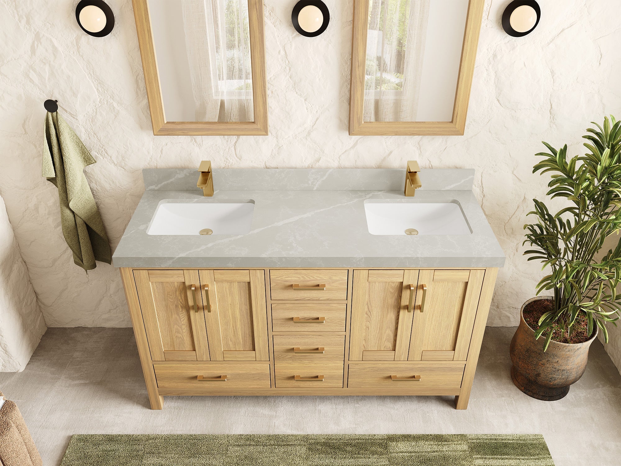Malibu White Oak 60 in. W x 22 in. D Double Sink Bathroom Vanity - Willow Bath and Vanity