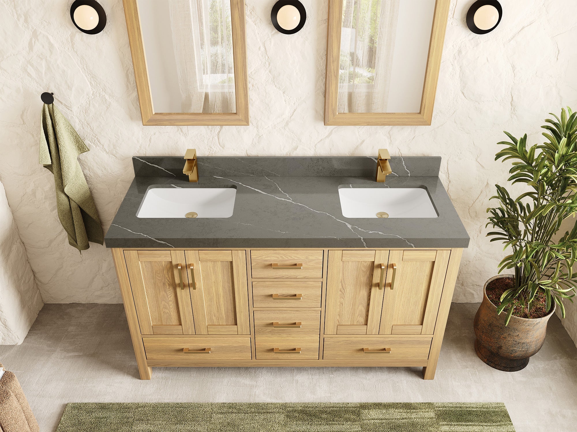 Malibu White Oak 60 in. W x 22 in. D Double Sink Bathroom Vanity - Willow Bath and Vanity